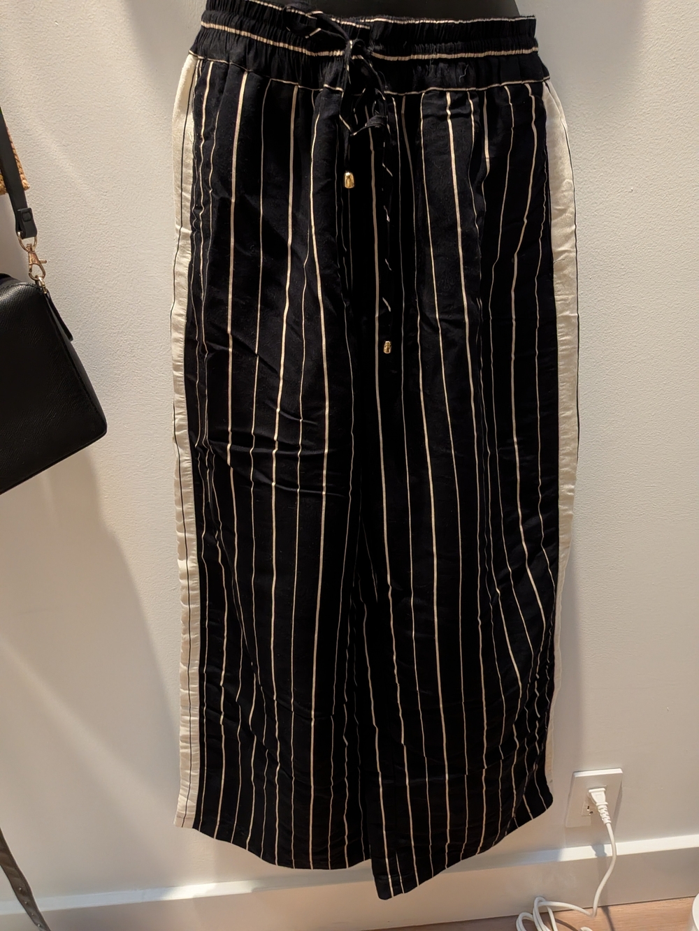 Zara Black Pinstripe Wide Leg Pants with Cream Side Stripe